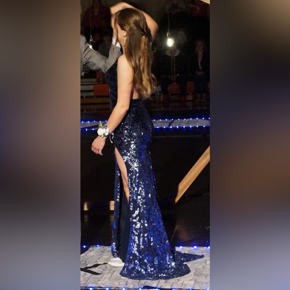 Jovani Blue Sequin Prom Gown with One Shoulder and Slit - Picture 4 of 8